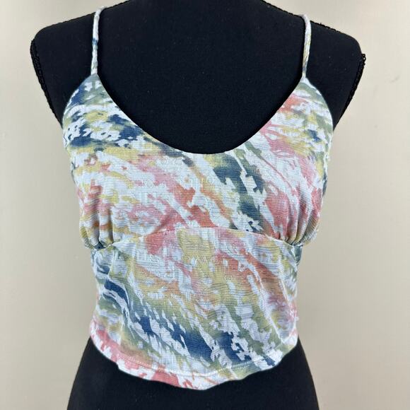 LIVOM Strappy Crop Cami Top Size M Stretch Pastel Y2K Artsy Watercolor Festival - Picture 2 of 6